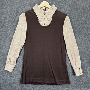 True Vintage 1970s Layered Collared Long Sleeve Top Womens XS Brown Cream USA